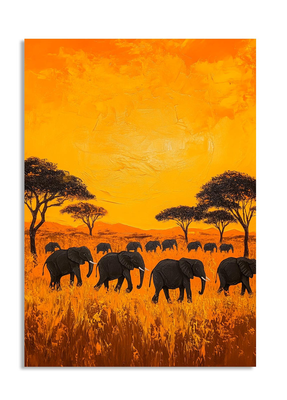 Artistic depiction of elephants in a savanna at sunset with an orange sky, as a premium aluminum metal print from GoMetalPrint.
