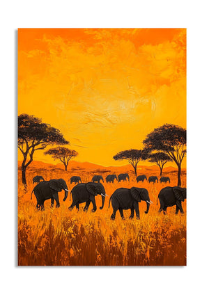 Artistic depiction of elephants in a savanna at sunset with an orange sky, as a premium aluminum metal print from GoMetalPrint.
