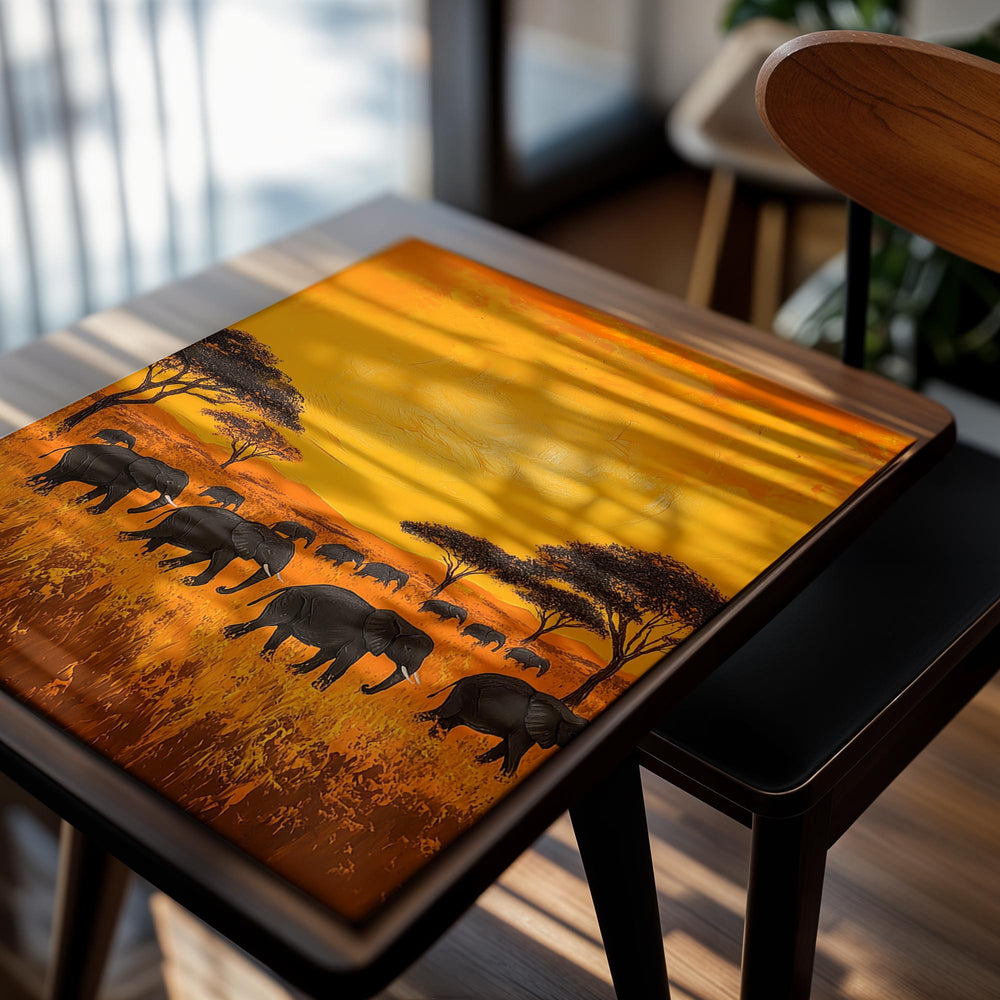 Artistic depiction of elephants in a savanna at sunset with an orange sky, as a premium aluminum metal print from GoMetalPrint.

