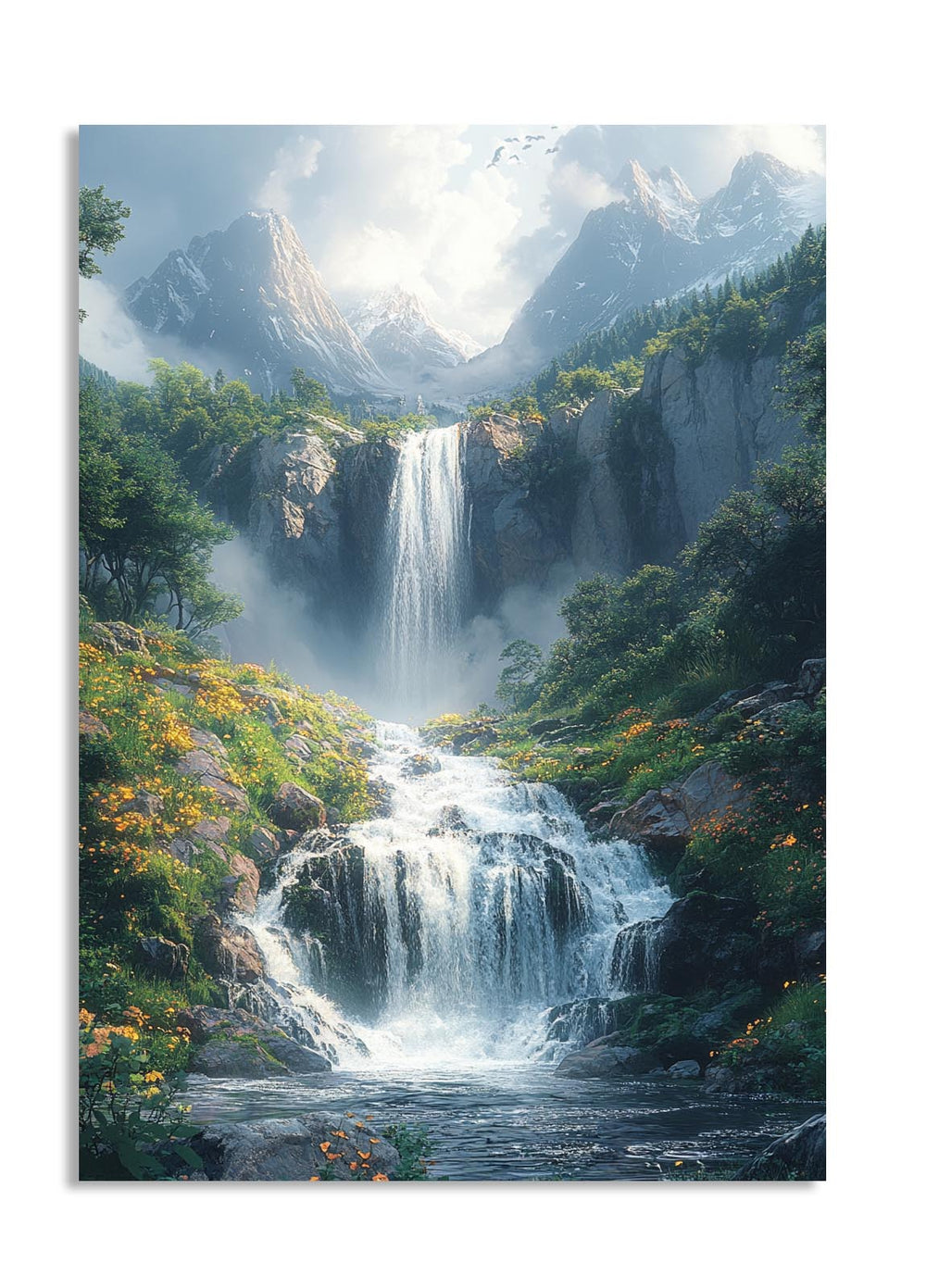 Waterfall in a mountainous landscape with greenery and flowers, as a premium aluminum metal print from GoMetalPrint.
