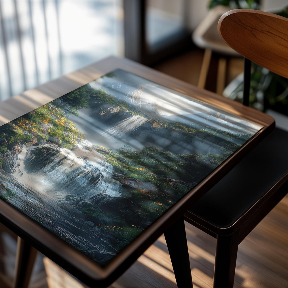 Waterfall in a mountainous landscape with greenery and flowers, as a premium aluminum metal print from GoMetalPrint.
