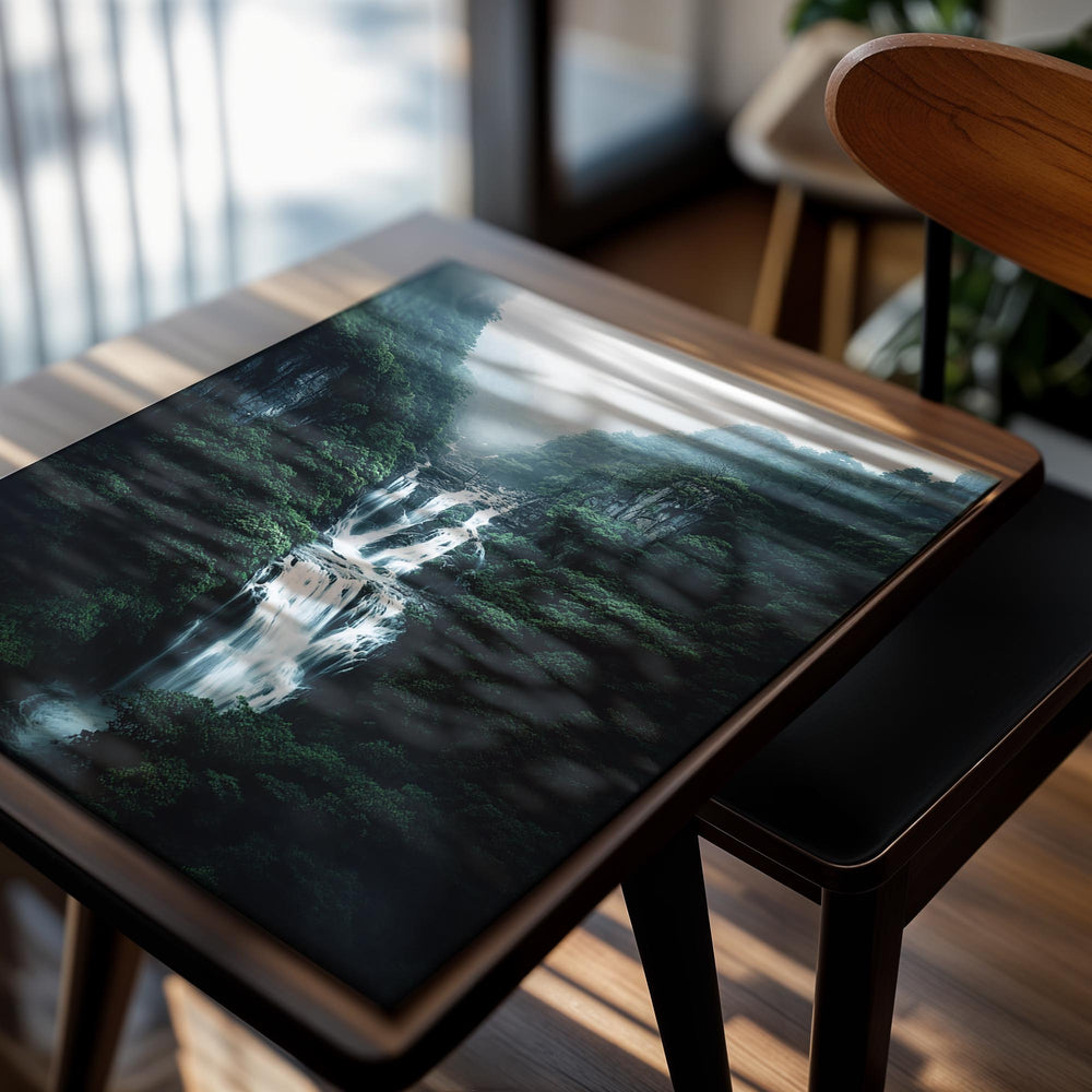 Waterfall in a lush green forest with misty atmosphere, as a premium aluminum metal print from GoMetalPrint.
