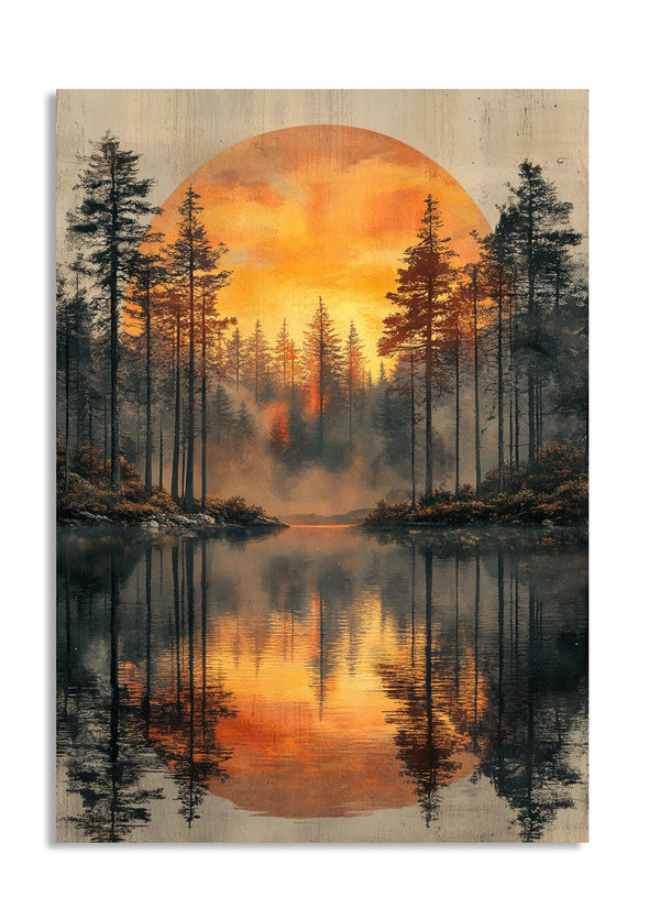Forest scene with a sunset reflected in a lake, as a premium aluminum metal print from GoMetalPrint.
