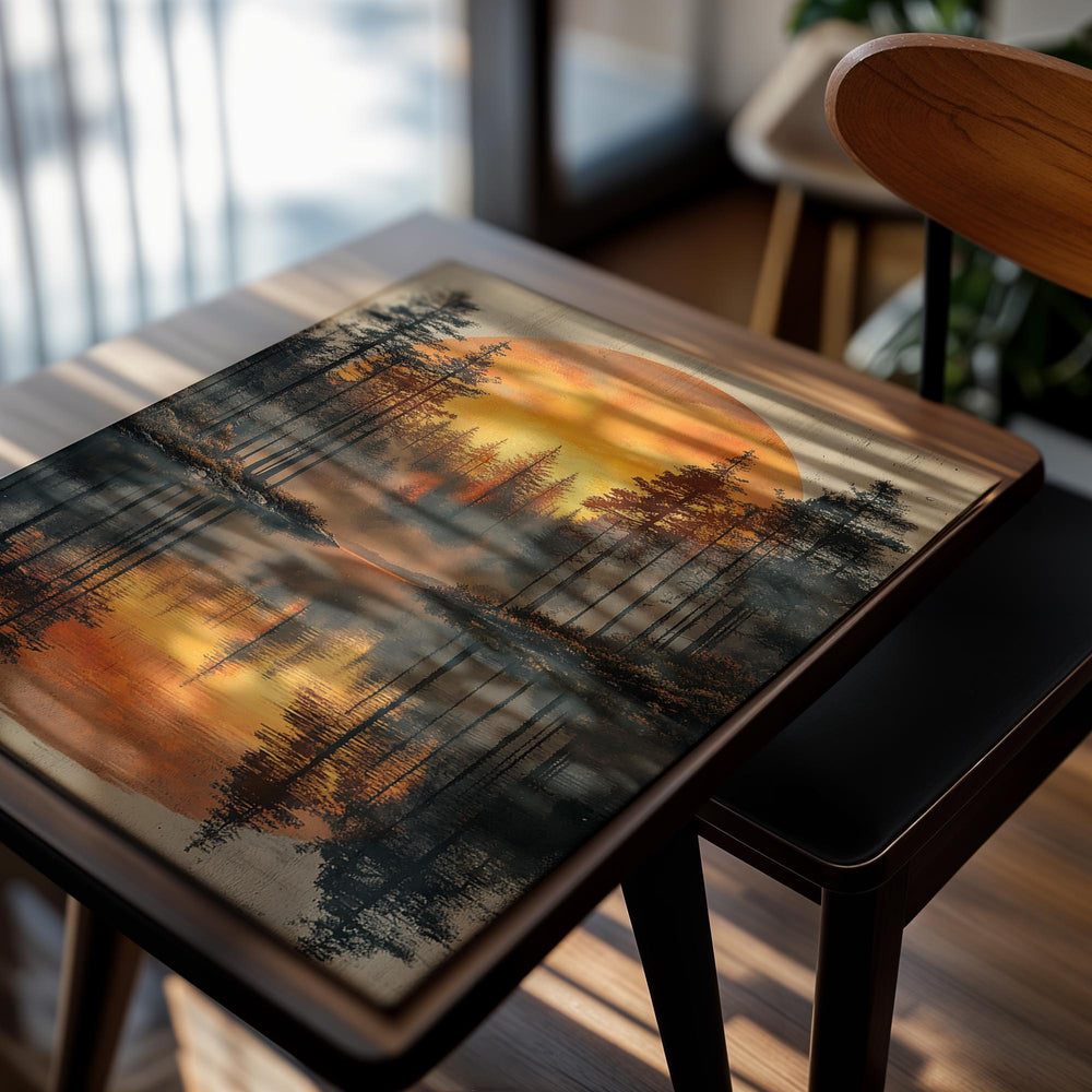 Forest scene with a sunset reflected in a lake, as a premium aluminum metal print from GoMetalPrint.
