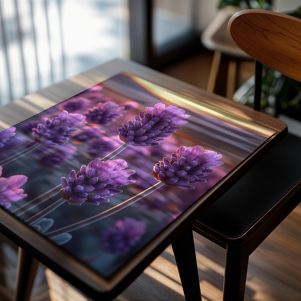 Purple flowers with a sunset or sunrise in the background, as a premium aluminum metal print from GoMetalPrint.
