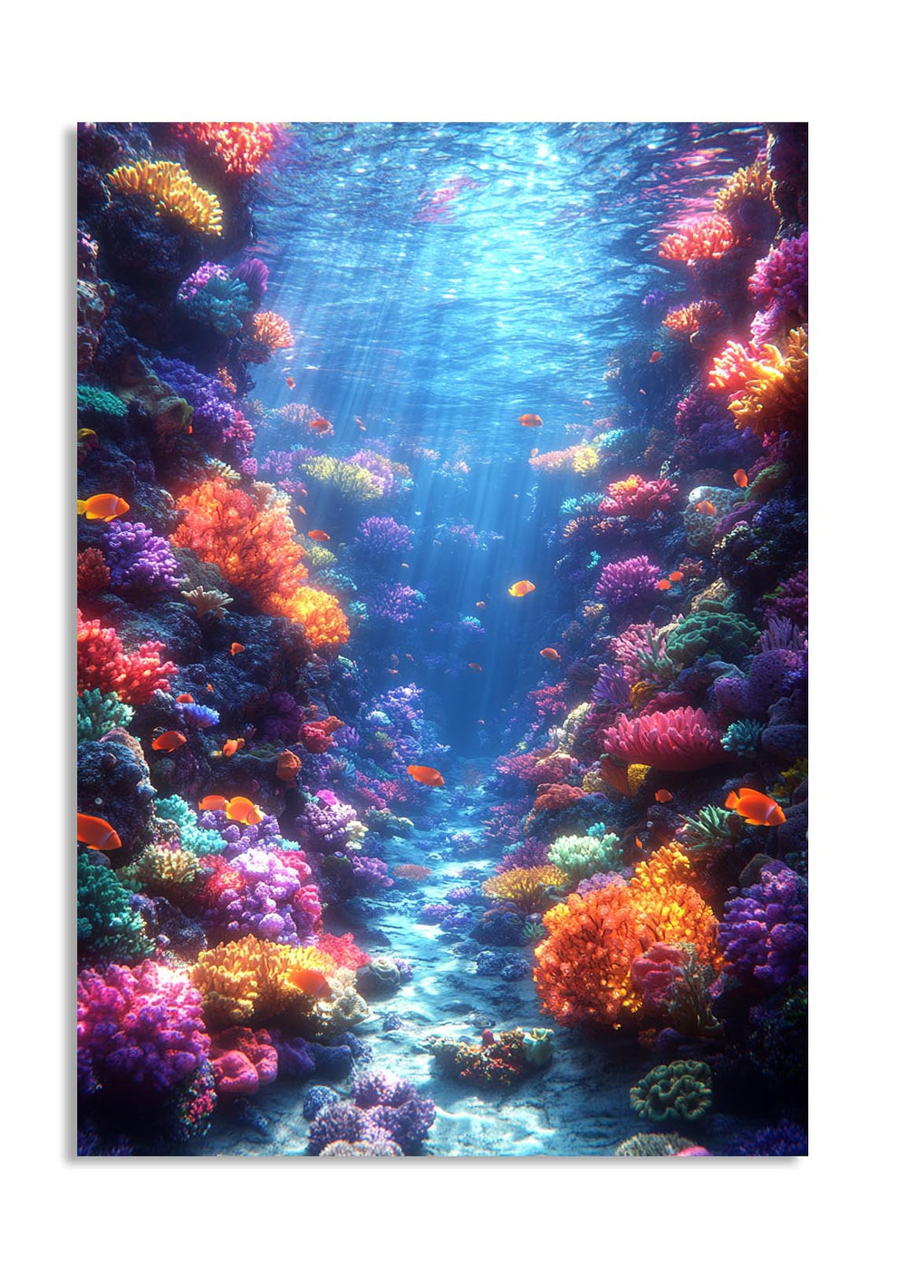 Colorful underwater scene with coral and sunlight filtering through water, as a premium aluminum metal print from GoMetalPrint.
