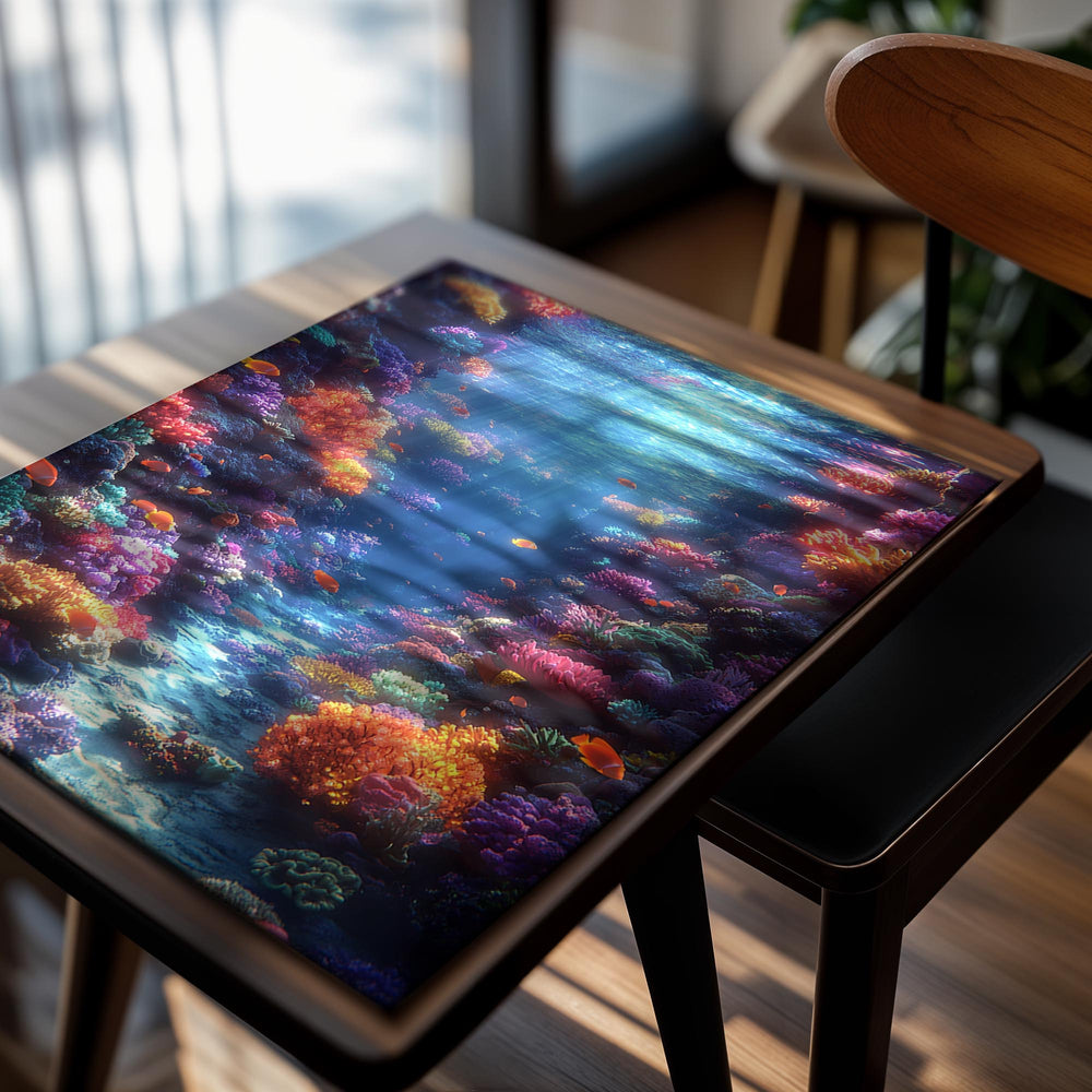 Colorful underwater scene with coral and sunlight filtering through water, as a premium aluminum metal print from GoMetalPrint.
