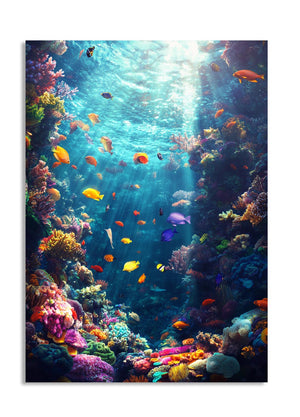 Colorful underwater scene with fish and coral, as a premium aluminum metal print from GoMetalPrint.
