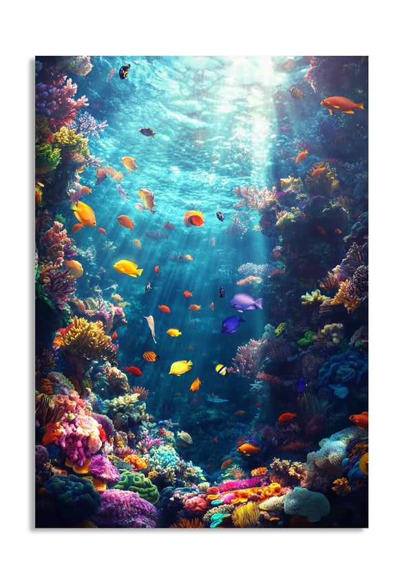 Colorful underwater scene with fish and coral, as a premium aluminum metal print from GoMetalPrint.
