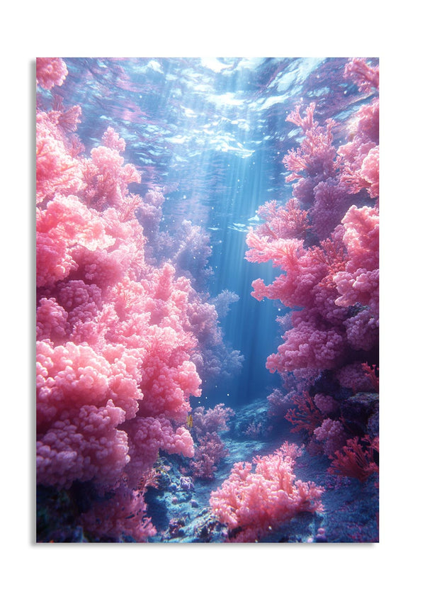 Underwater scene with pink coral and sunlight filtering through water, as a premium aluminum metal print from GoMetalPrint.
