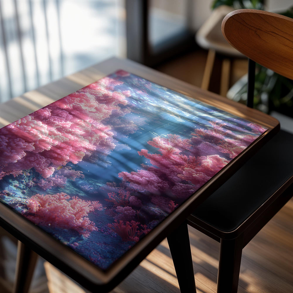 Underwater scene with pink coral and sunlight filtering through water, as a premium aluminum metal print from GoMetalPrint.
