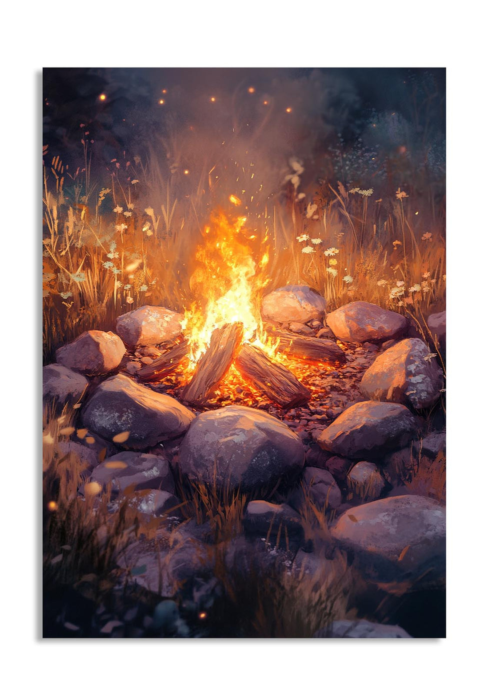 Campfire surrounded by rocks and grass in a natural setting, as a premium aluminum metal print from GoMetalPrint.
