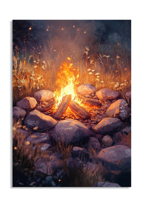 Campfire surrounded by rocks and grass in a natural setting, as a premium aluminum metal print from GoMetalPrint.

