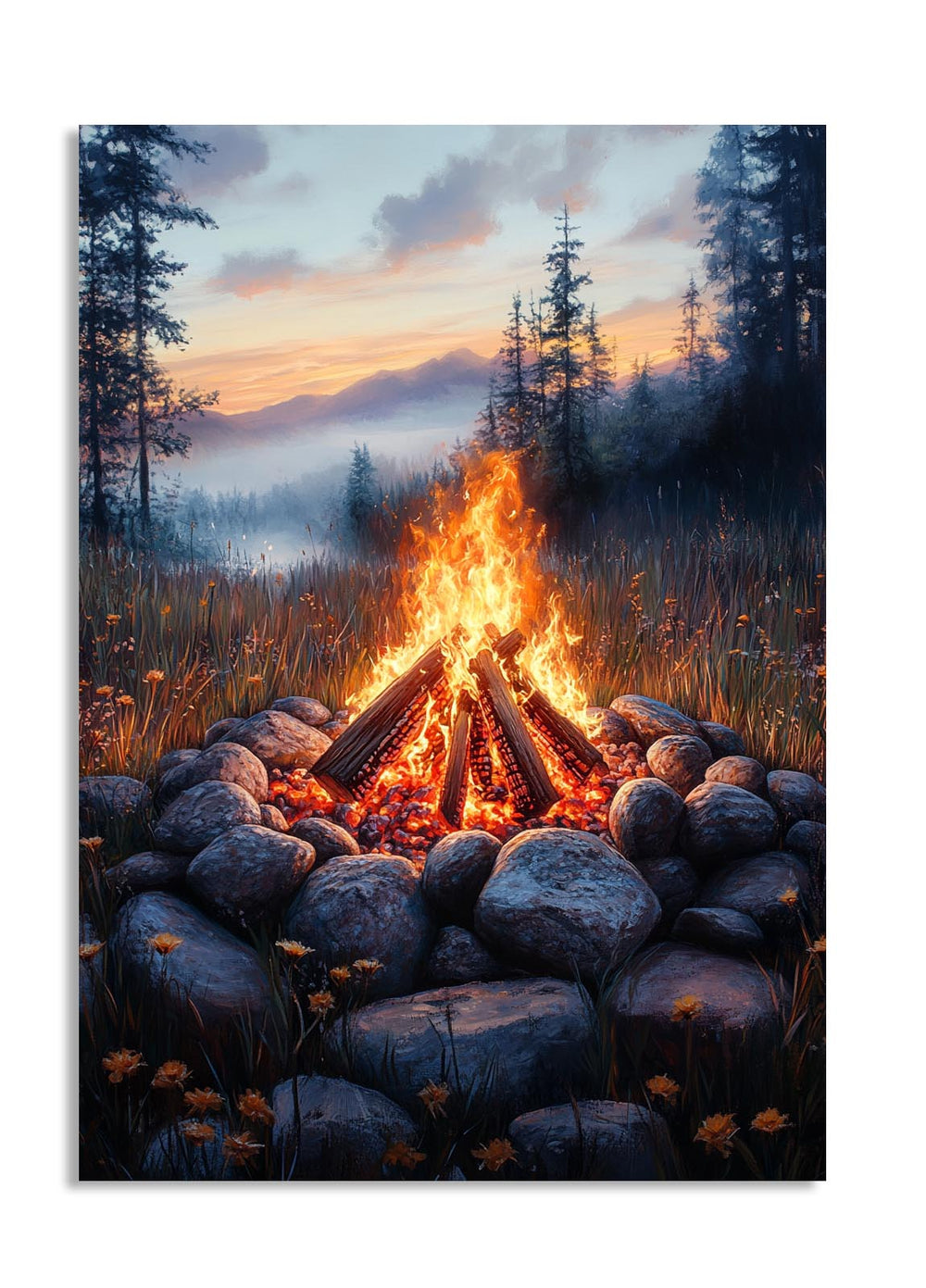 Campfire surrounded by stones in a forest at sunset, as a premium aluminum metal print from GoMetalPrint.
