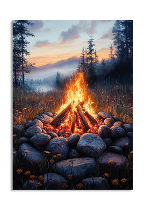 Campfire surrounded by stones in a forest at sunset, as a premium aluminum metal print from GoMetalPrint.

