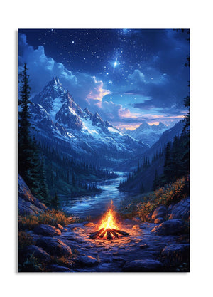 Mountain landscape with a campfire at night, as a premium aluminum metal print from GoMetalPrint.
