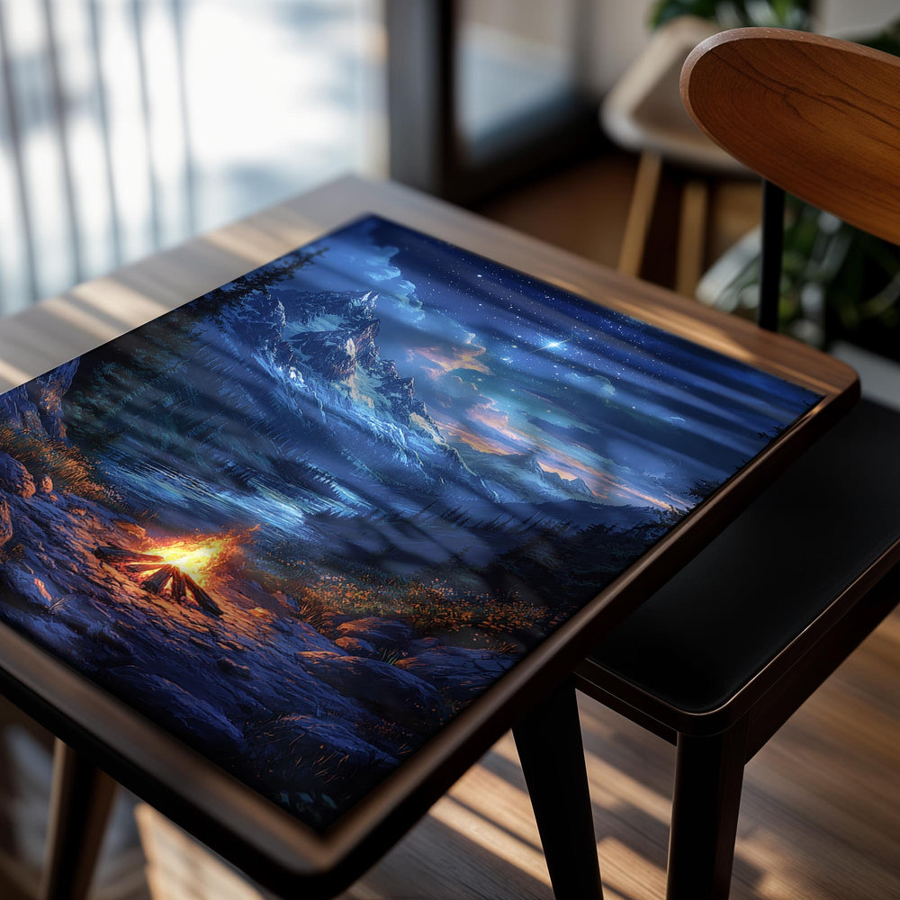 Mountain landscape with a campfire at night, as a premium aluminum metal print from GoMetalPrint.
