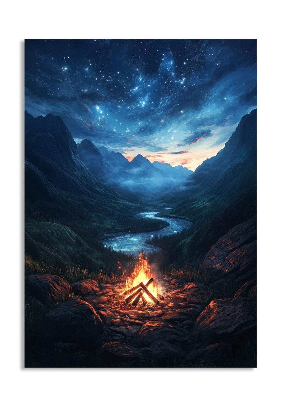 Campfire in a mountainous landscape under a starry sky, as a premium aluminum metal print from GoMetalPrint.
