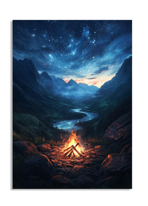 Campfire in a mountainous landscape under a starry sky, as a premium aluminum metal print from GoMetalPrint.
