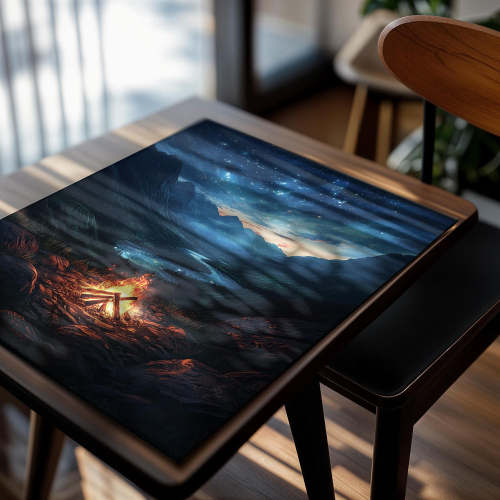 Campfire in a mountainous landscape under a starry sky, as a premium aluminum metal print from GoMetalPrint.
