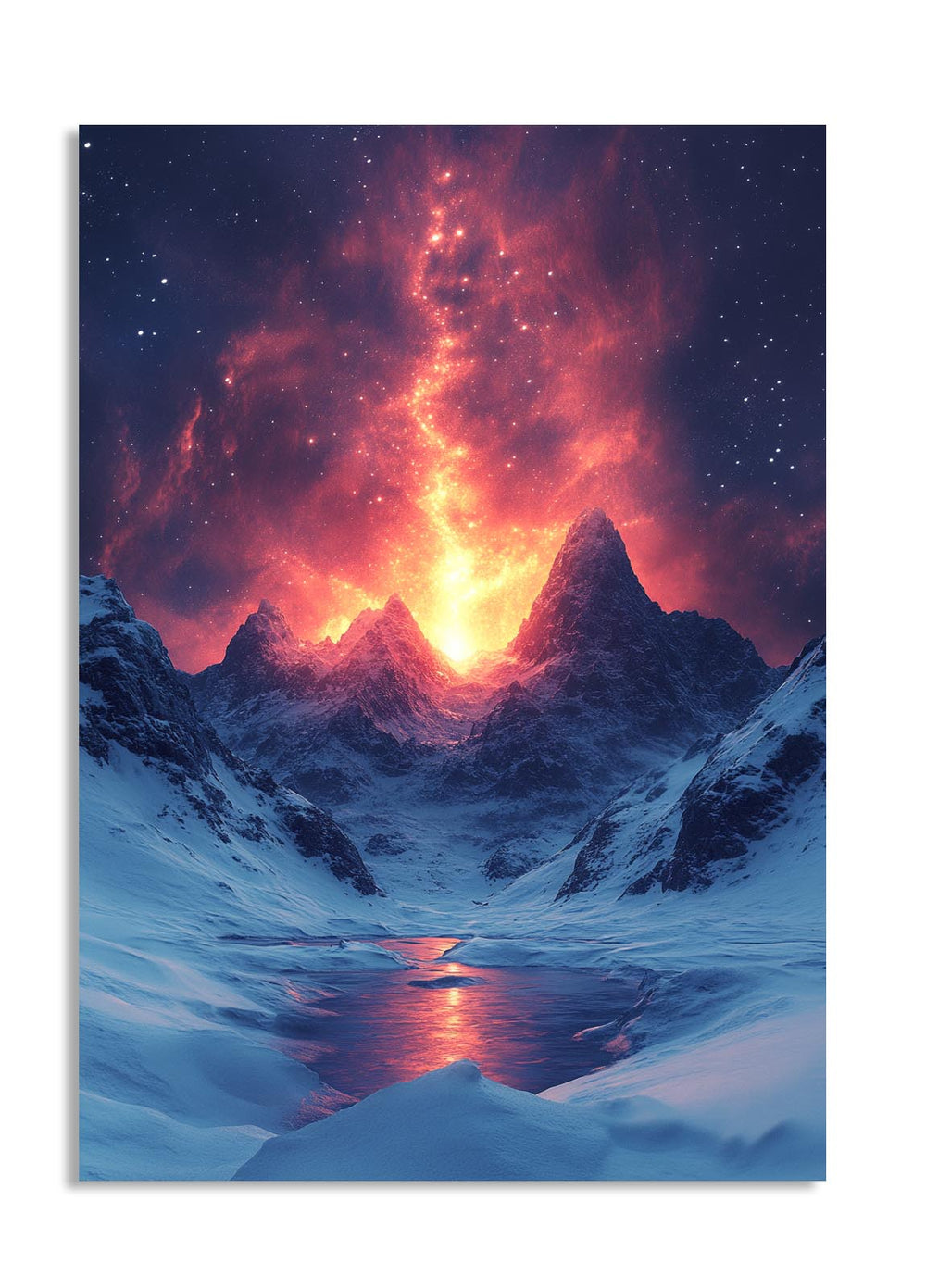 Snowy mountain landscape with a fiery nebula in the sky, as a premium aluminum metal print from GoMetalPrint.
