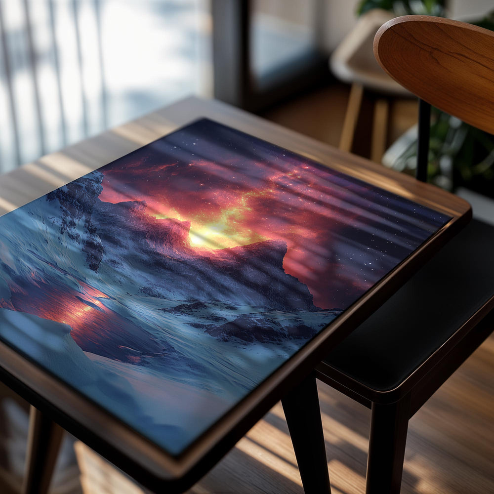 Snowy mountain landscape with a fiery nebula in the sky, as a premium aluminum metal print from GoMetalPrint.
