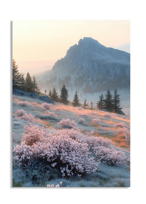 Mountain landscape with pink flowering plants and snow-capped peaks, as a premium aluminum metal print from GoMetalPrint.
