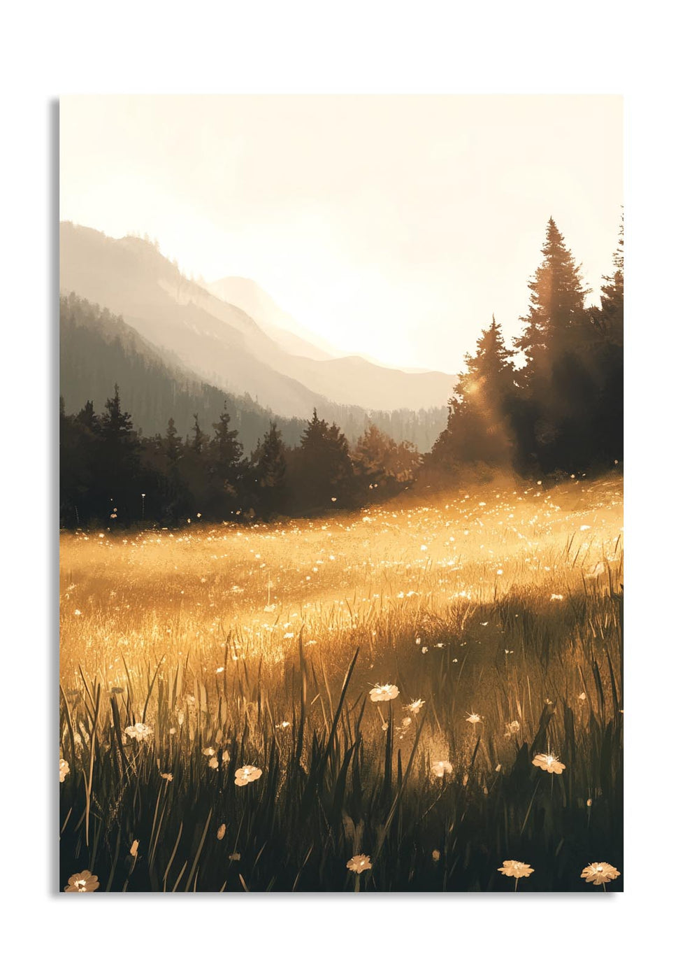 Sunrise over a field with tall grass and trees, as a premium aluminum metal print from GoMetalPrint.
