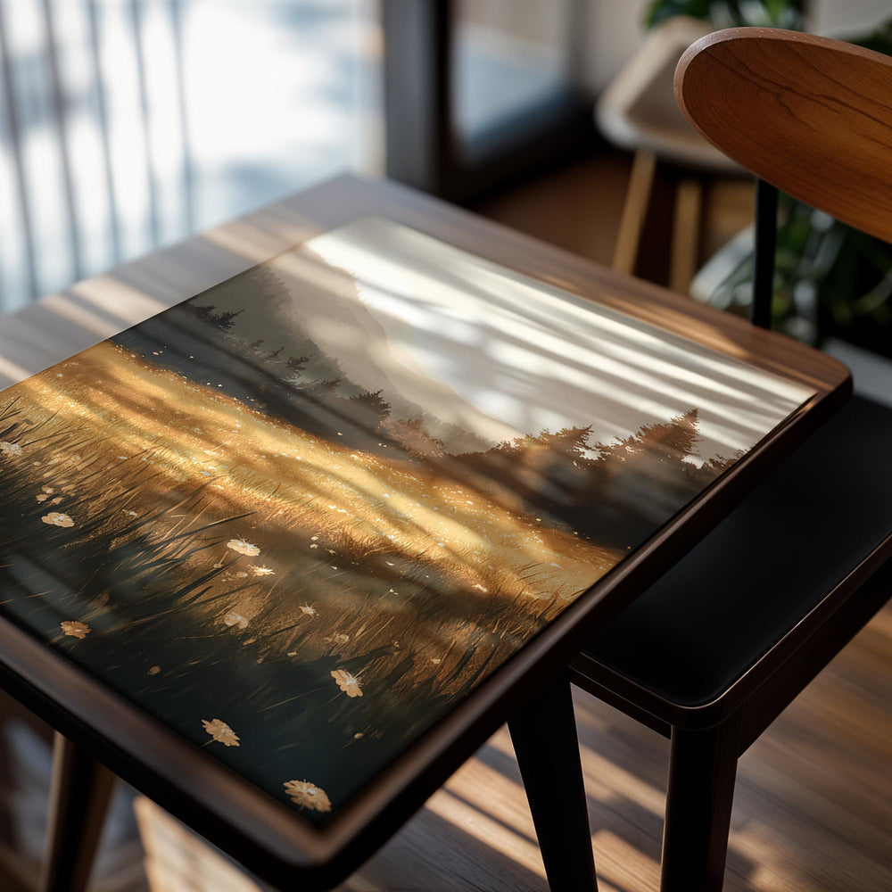 Sunrise over a field with tall grass and trees, as a premium aluminum metal print from GoMetalPrint.
