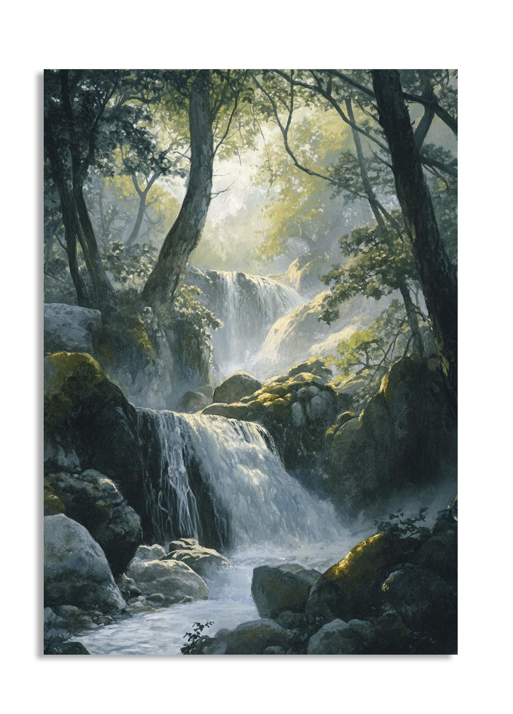 Waterfall in a forest with mist and sunlight filtering through the trees, as a premium aluminum metal print from GoMetalPrint.
