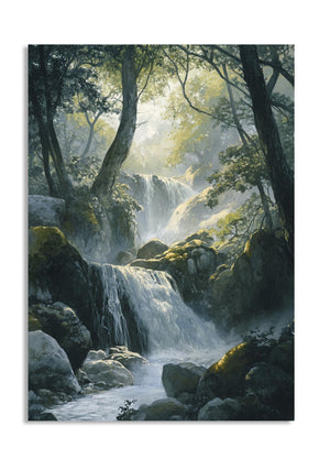 Waterfall in a forest with mist and sunlight filtering through the trees, as a premium aluminum metal print from GoMetalPrint.
