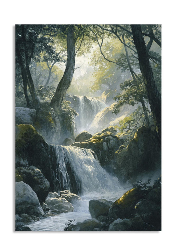 Waterfall in a forest with mist and sunlight filtering through the trees, as a premium aluminum metal print from GoMetalPrint.
