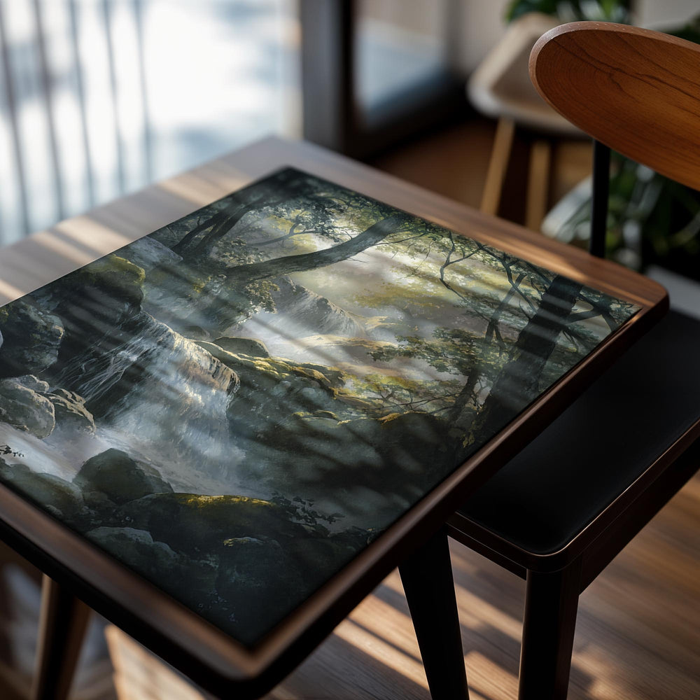 Waterfall in a forest with mist and sunlight filtering through the trees, as a premium aluminum metal print from GoMetalPrint.
