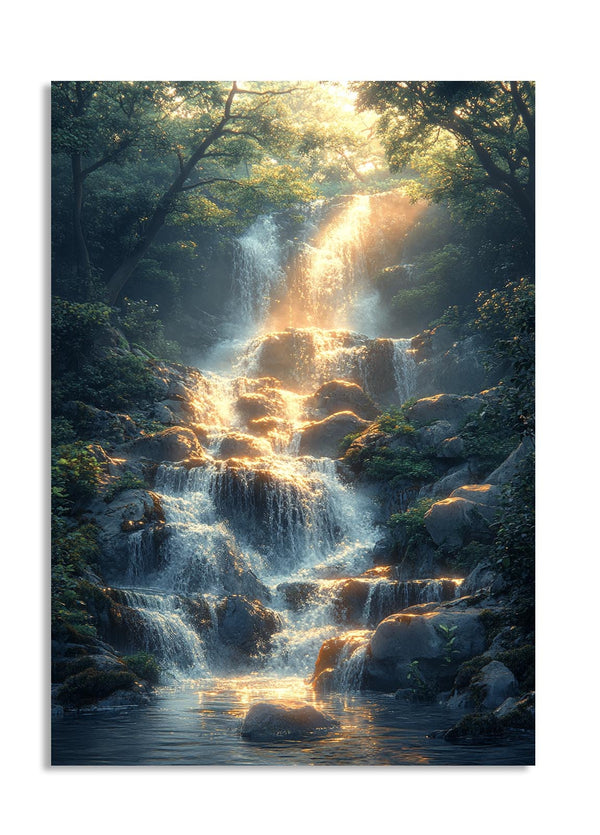 Waterfall in a forest with sunlight filtering through the trees, as a premium aluminum metal print from GoMetalPrint.
