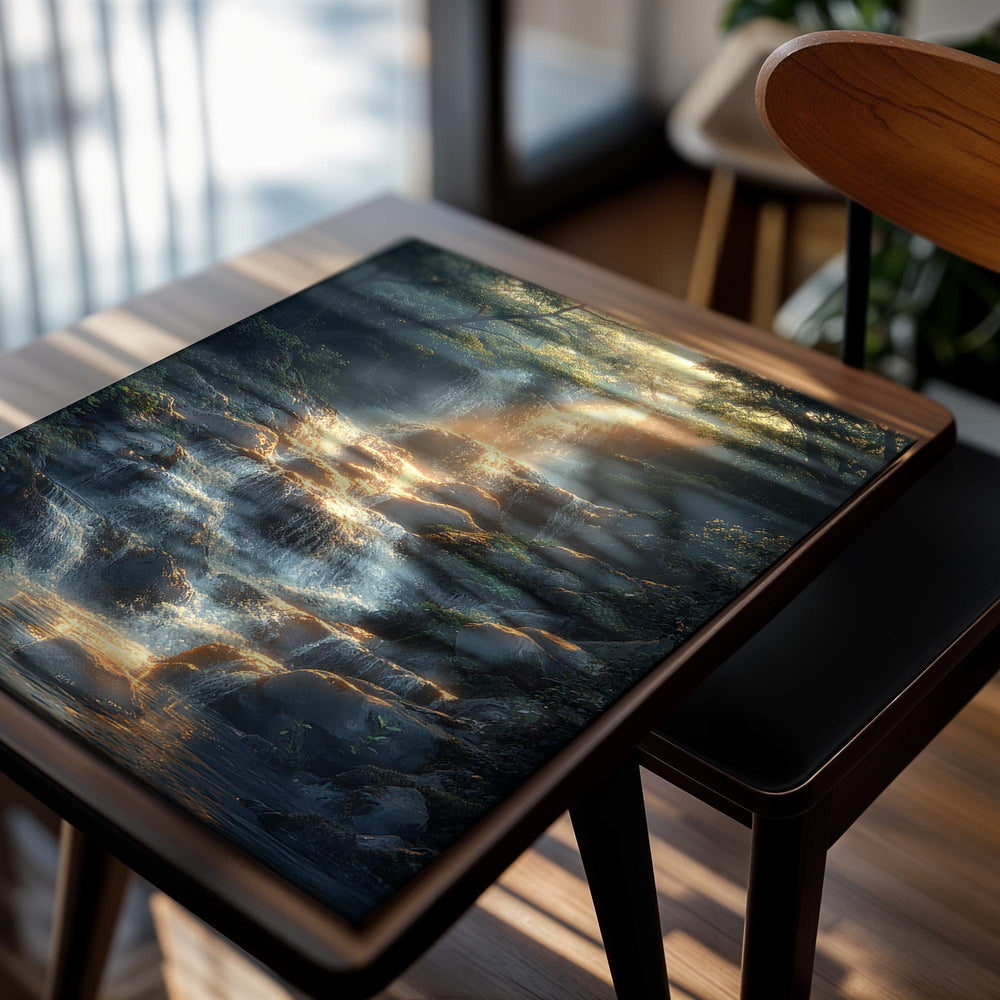 Waterfall in a forest with sunlight filtering through the trees, as a premium aluminum metal print from GoMetalPrint.
