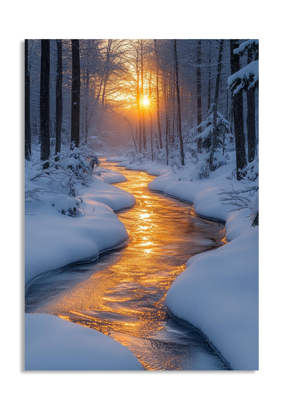 Sunset over a snowy forest with a stream flowing through it, as a premium aluminum metal print from GoMetalPrint.
