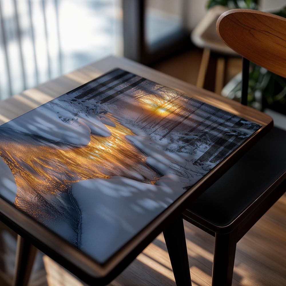 Sunset over a snowy forest with a stream flowing through it, as a premium aluminum metal print from GoMetalPrint.
