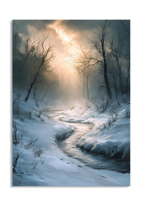 Winter landscape with a stream and sunbeams through trees, as a premium aluminum metal print from GoMetalPrint.
