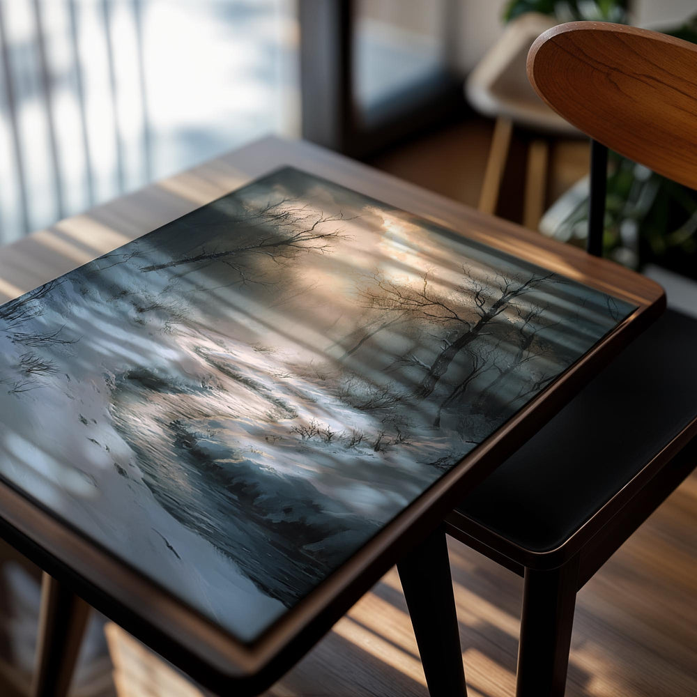 Winter landscape with a stream and sunbeams through trees, as a premium aluminum metal print from GoMetalPrint.
