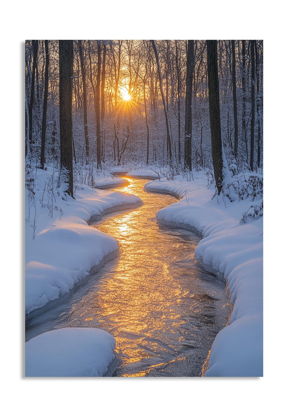 Stream flowing through a snowy forest at sunset, as a premium aluminum metal print from GoMetalPrint.
