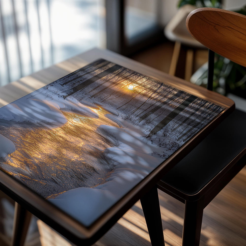 Stream flowing through a snowy forest at sunset, as a premium aluminum metal print from GoMetalPrint.
