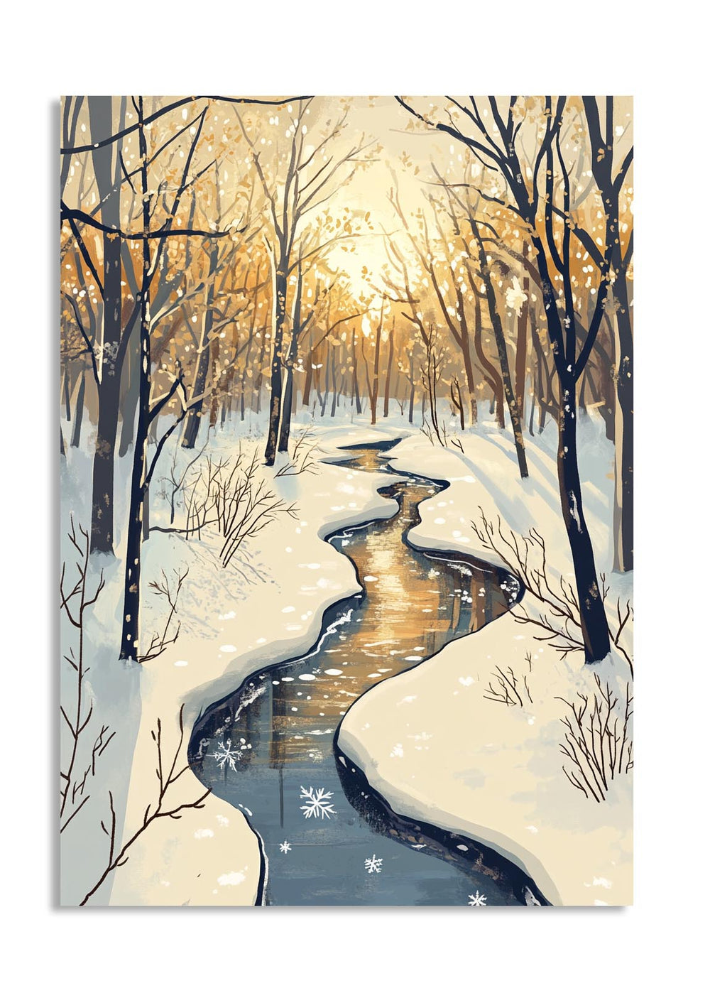 Winter scene with a stream and snow-covered trees, as a premium aluminum metal print from GoMetalPrint.
