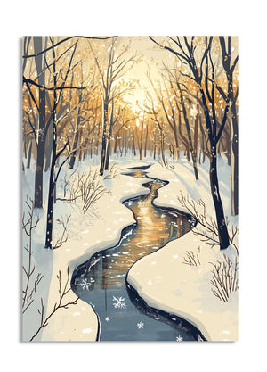 Winter scene with a stream and snow-covered trees, as a premium aluminum metal print from GoMetalPrint.
