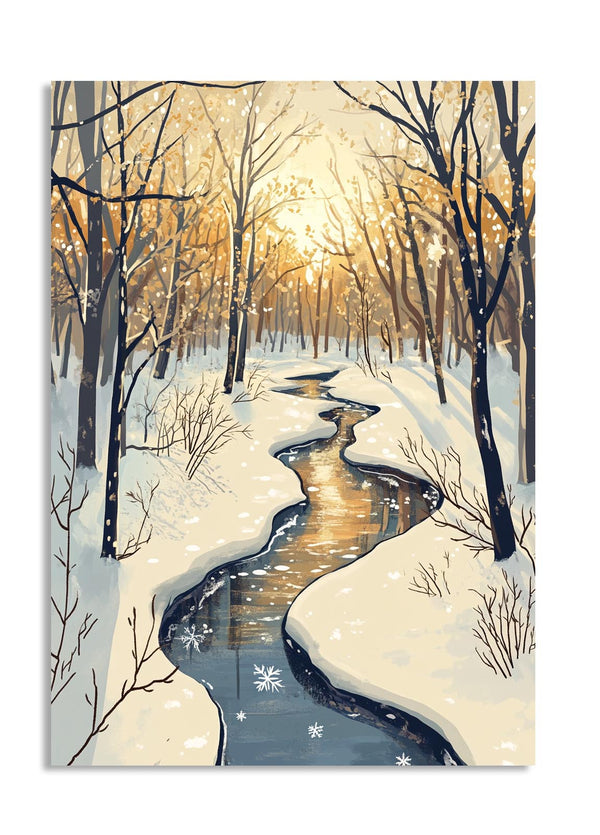Winter scene with a stream and snow-covered trees, as a premium aluminum metal print from GoMetalPrint.

