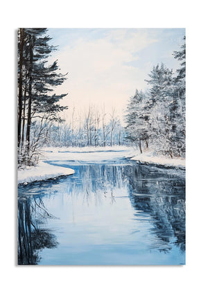 Winter landscape with a frozen lake and snow-covered trees, as a premium aluminum metal print from GoMetalPrint.
