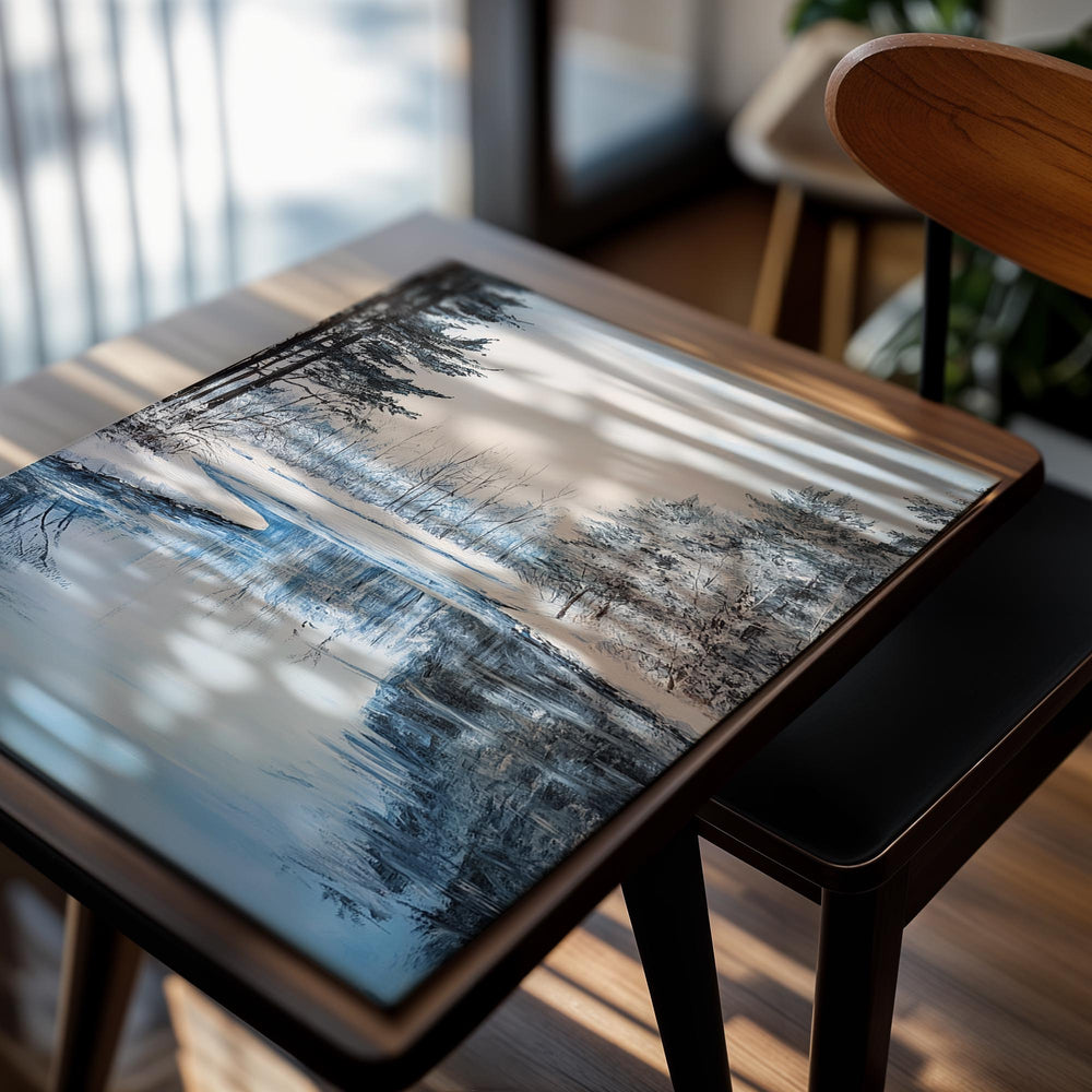 Winter landscape with a frozen lake and snow-covered trees, as a premium aluminum metal print from GoMetalPrint.
