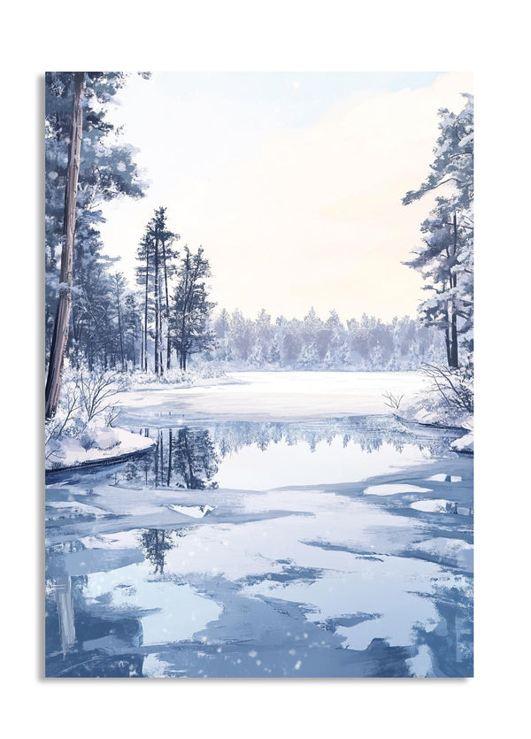 Frozen lake surrounded by snow-covered trees in a winter landscape, as a premium aluminum metal print from GoMetalPrint.
