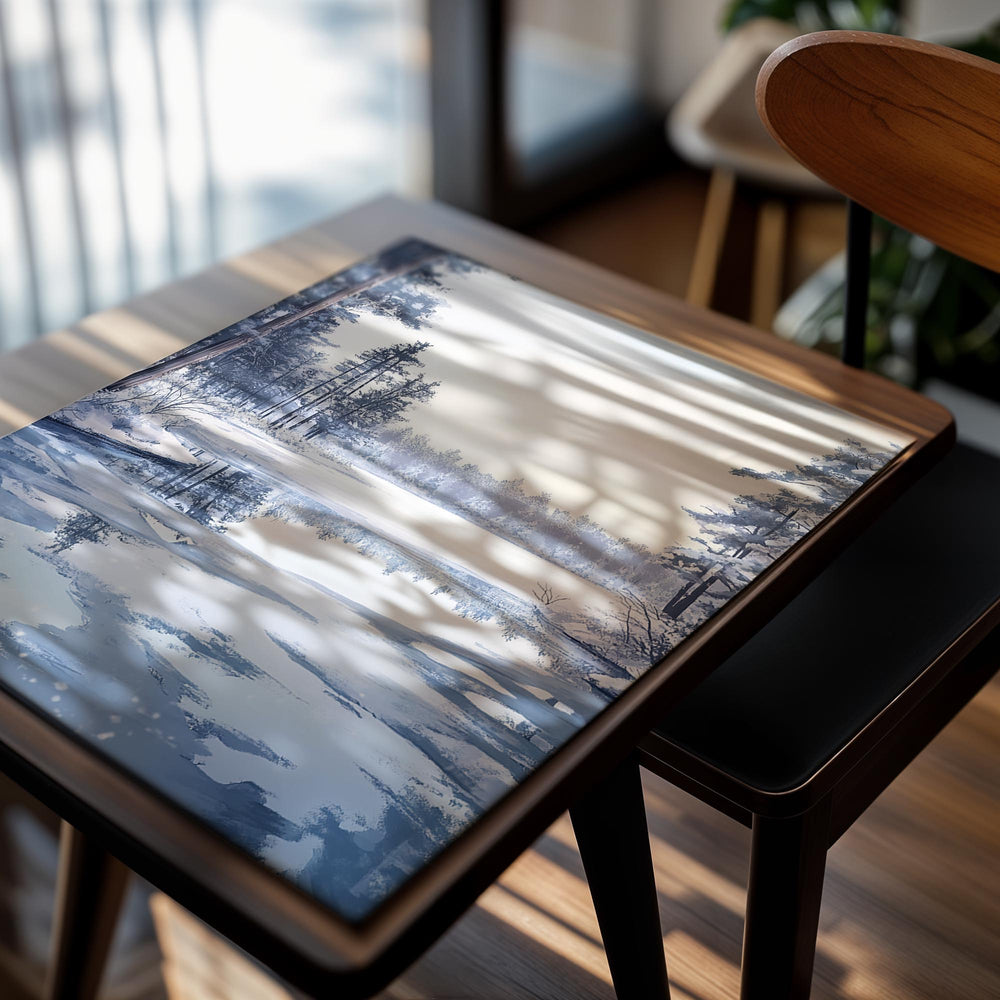 Frozen lake surrounded by snow-covered trees in a winter landscape, as a premium aluminum metal print from GoMetalPrint.
