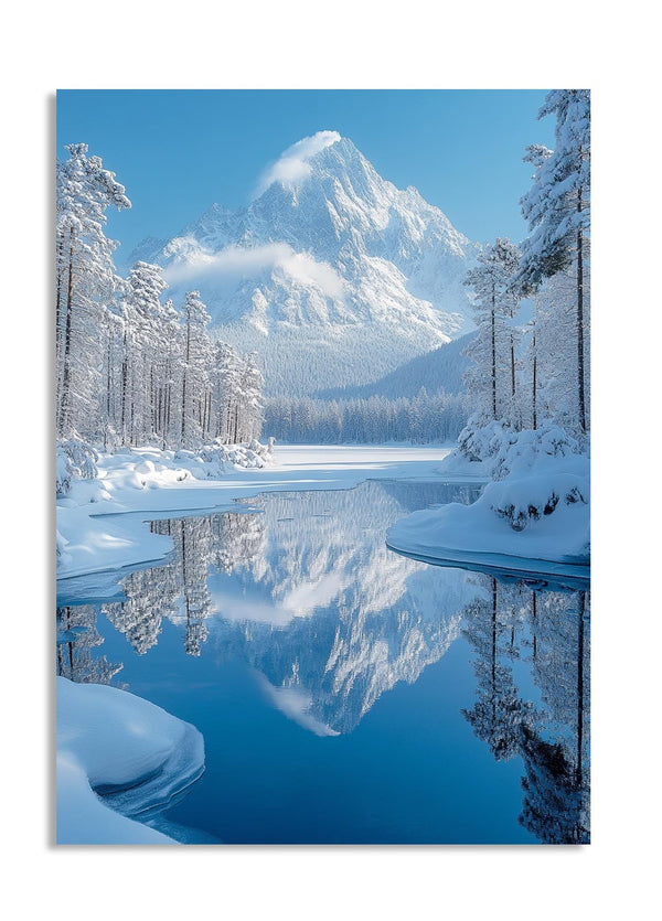 Snow-covered mountain reflected in a calm lake with trees on a clear day, as a premium aluminum metal print from GoMetalPrint.
