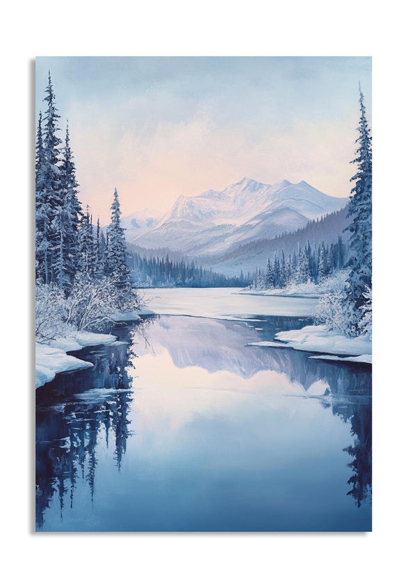 Winter landscape with snow-covered trees, a lake, and mountains, as a premium aluminum metal print from GoMetalPrint.
